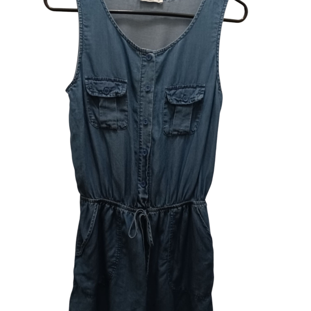 CISONO Sleeveless Classic Blue Denim Dress Button Down Front Draw String  S
